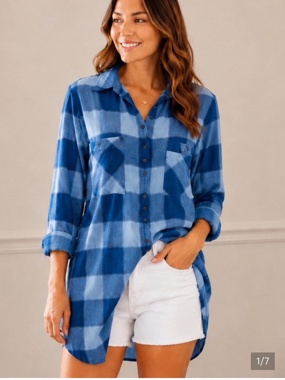 Blue Plaid Button-Up Tunic Top - Women's